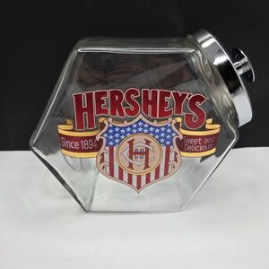 Hershey's Glass Cookie Jar Hexagon Americana Chrome Lid Clear Vintage Style 7"